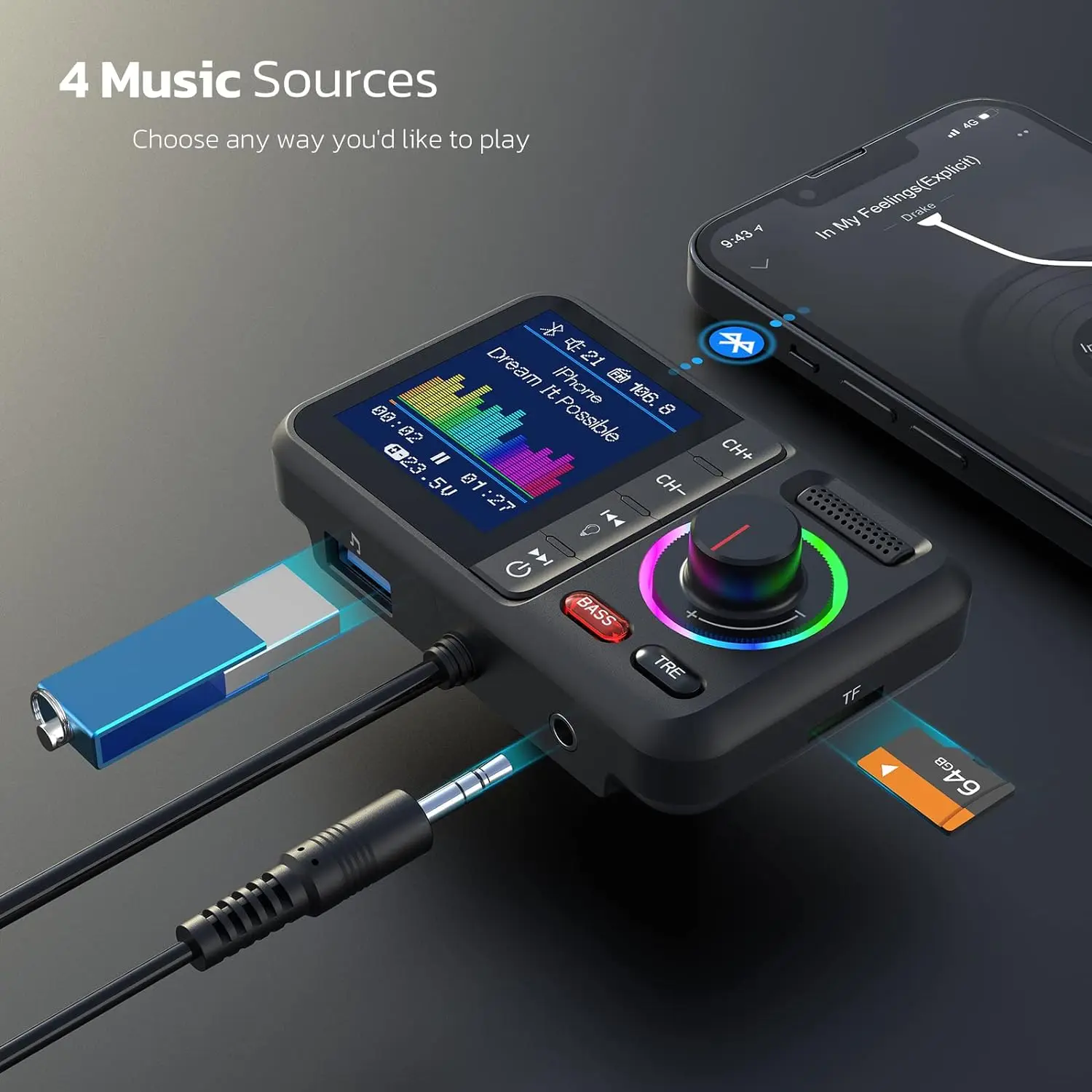 VR Robot Bluetooth 5.0 FM Transmitter Car MP3 Player Adapter Wireless Handsfree Car Kit with Big Screen U Disk TF Card Playback