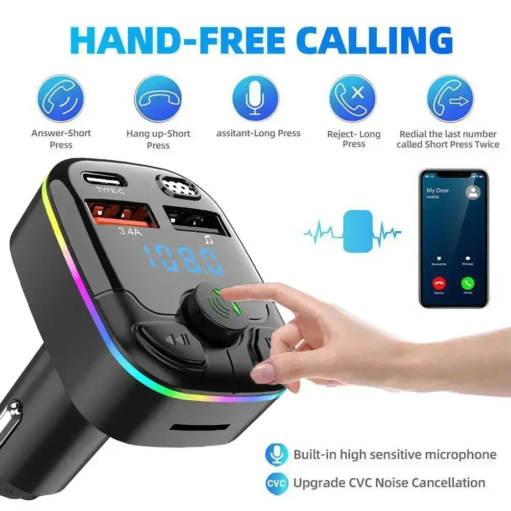 Car FM Transmitter PD Type-C Dual USB Ambient Player MP3 Bluetooth 5.0 Fast Charger Type-C Wireless Light Handsfree PD
