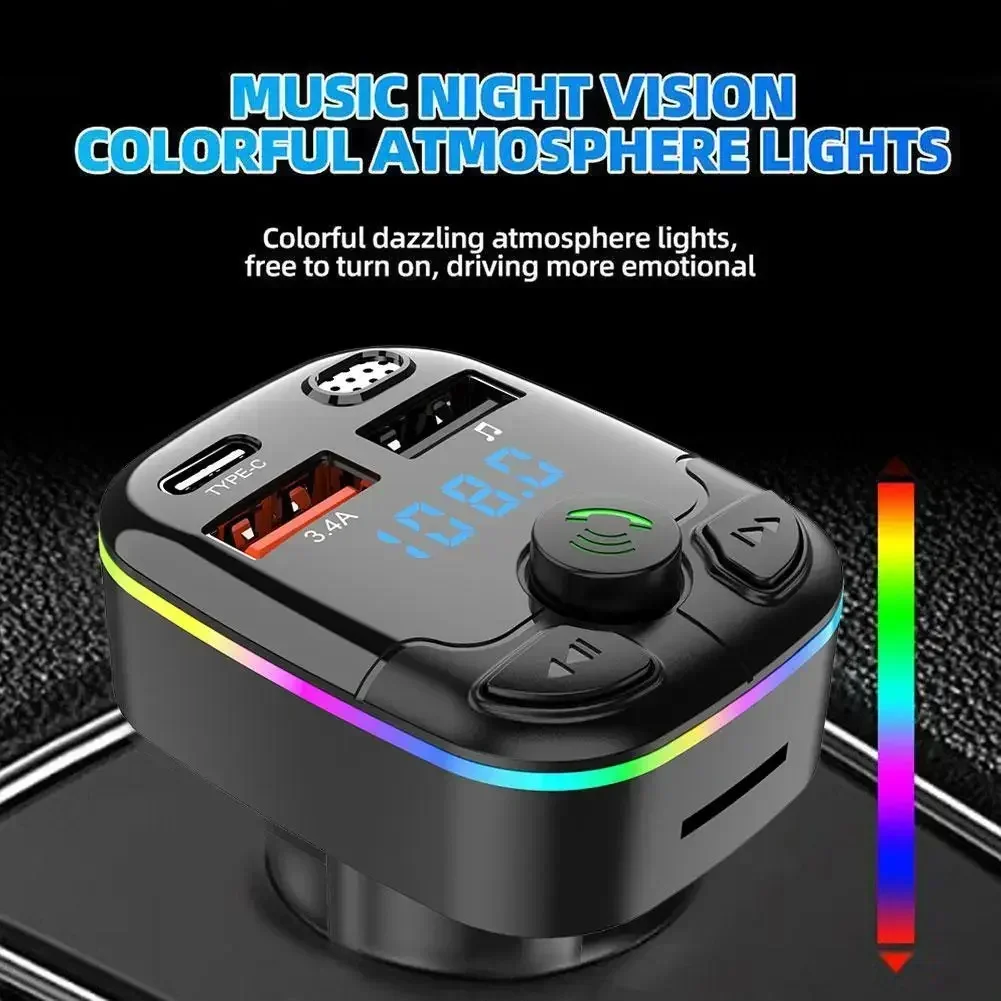 Car FM Transmitter PD Type-C Dual USB Ambient Player MP3 Bluetooth 5.0 Fast Charger Type-C Wireless Light Handsfree PD