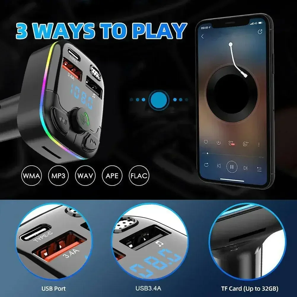 Car FM Transmitter PD Type-C Dual USB Ambient Player MP3 Bluetooth 5.0 Fast Charger Type-C Wireless Light Handsfree PD