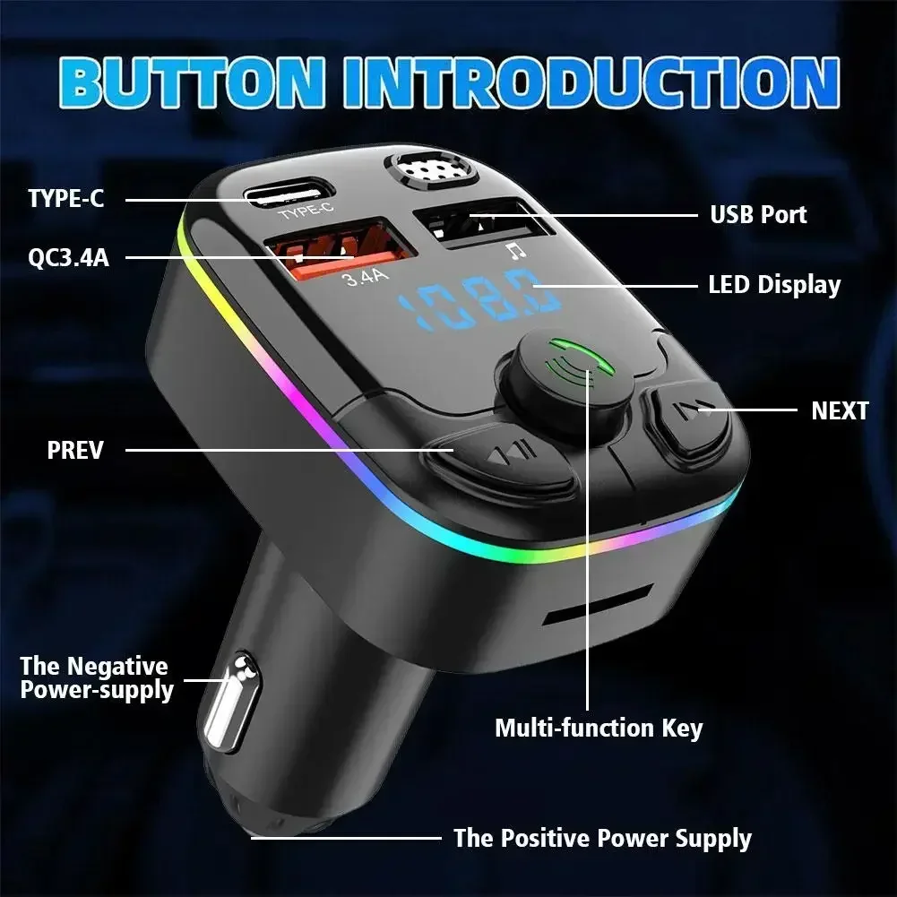Car FM Transmitter PD Type-C Dual USB Ambient Player MP3 Bluetooth 5.0 Fast Charger Type-C Wireless Light Handsfree PD