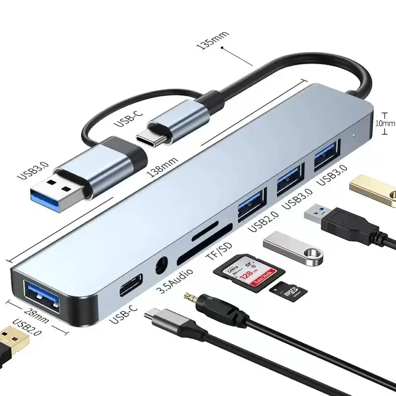 8 In 2 USB HUB With Splitter Card Reader, USB C Port, USB 3.0 / 2.0, SD/TF Splitter Card Reader, Docking Station 8 In 2 USB HUB With Splitter Card Reader, USB C Port, USB 3.0 / 2.0, SD/TF Splitter Card Reader, Docking Station