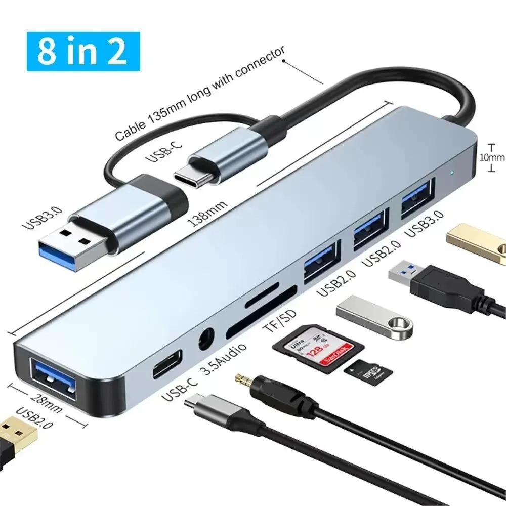8 In 2 USB HUB With Splitter Card Reader, USB C Port, USB 3.0 / 2.0, SD/TF Splitter Card Reader, Docking Station 8 In 2 USB HUB With Splitter Card Reader, USB C Port, USB 3.0 / 2.0, SD/TF Splitter Card Reader, Docking Station