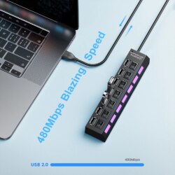 multi-ports USB 2.0, adaptateur secteur, extenseur multiple avec interrupteur, câble de 30cm, utilisation domestique, 4 ports, 7 ports – Image 3