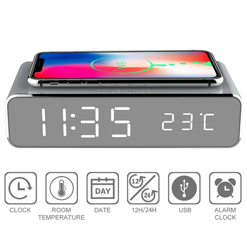 Wireless Charger Time Alarm Clock LED Digital Thermometer Earphone Phone Chargers Fast Charging Dock Station for iPhone Samsung Wireless Charger Time Alarm Clock LED Digital Thermometer Earphone Phone Chargers Fast Charging Dock Station for iPhone Samsung