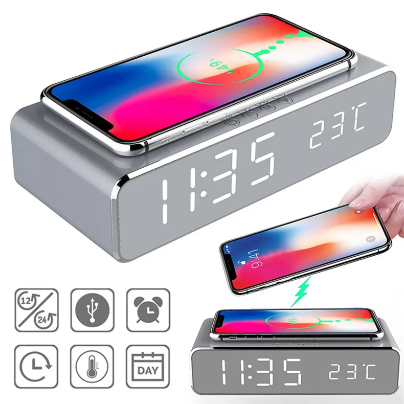 Wireless Charger Time Alarm Clock LED Digital Thermometer Earphone Phone Chargers Fast Charging Dock Station for iPhone Samsung Wireless Charger Time Alarm Clock LED Digital Thermometer Earphone Phone Chargers Fast Charging Dock Station for iPhone Samsung