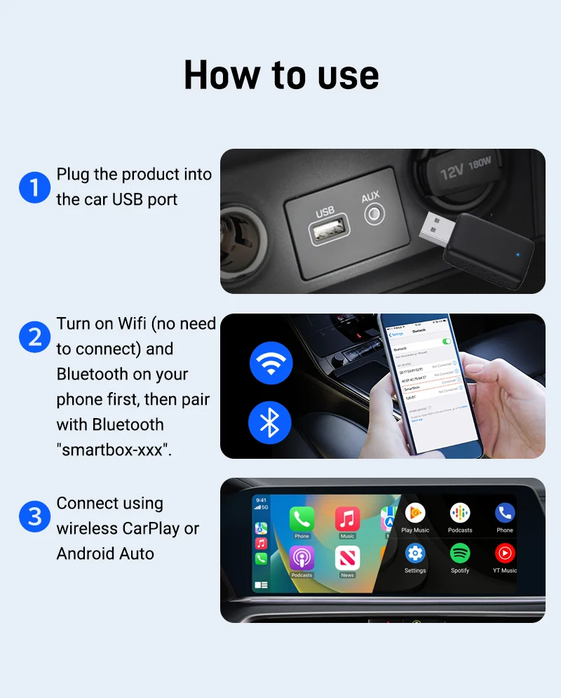 2025New Wired to Wireless Carplay Android Auto 2in1 Mini Adapter Dongle Auto Connect Plug&Play Bluetooth WiFi Universal Mini Box 2025New Wired to Wireless Carplay Android Auto 2in1 Mini Adapter Dongle Auto Connect Plug&Play Bluetooth WiFi Universal Mini Box