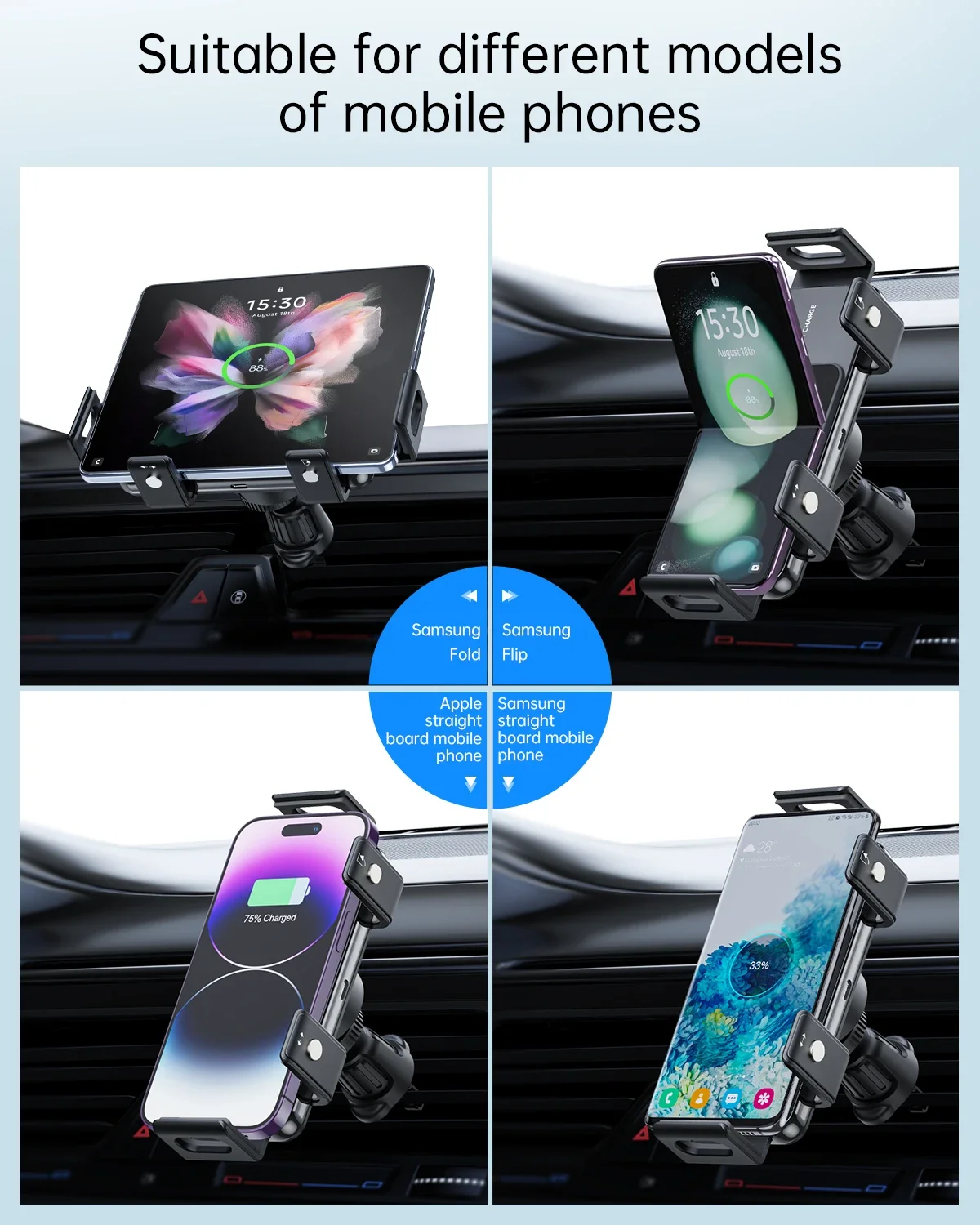 Chargeur sans fil pour voiture à double bobine, compatible avec Samsung Galaxy Z Fold 3, 2, Flip 4, 3, iPhone, support de charge rapide pour grille d'aération