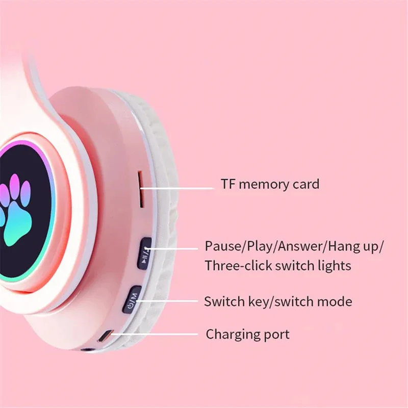 P47M Wireless Headphone Flash Light Cute Cat Bluetooth with Mic Control LED Stereo Music Helmet Phone Bluetooth Headset Gift