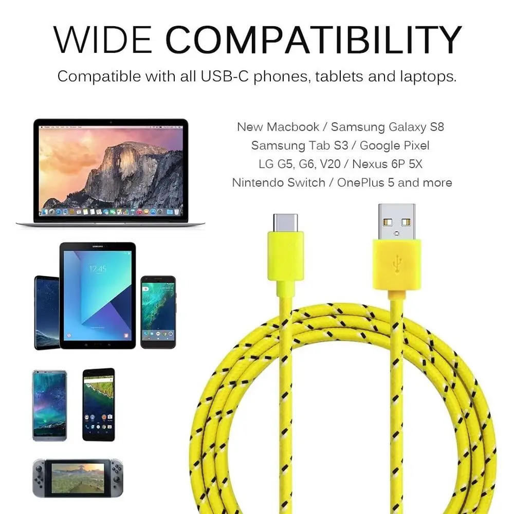 USB Type C Cable Nylon Fast Charging Data Cable for Samsung S10 S9 Note 9 Oneplus xiaomi Huawei Mobile Phone Type-c USB-C Cables